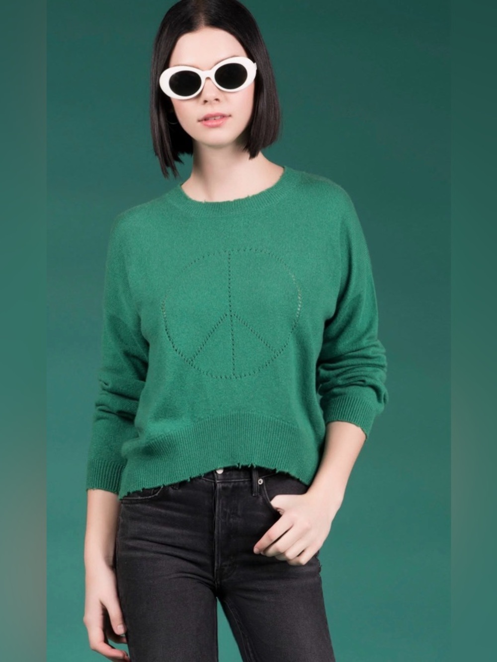27 Miles Distressed Peace Sign Cashmere Sweater in Green, Size Medium